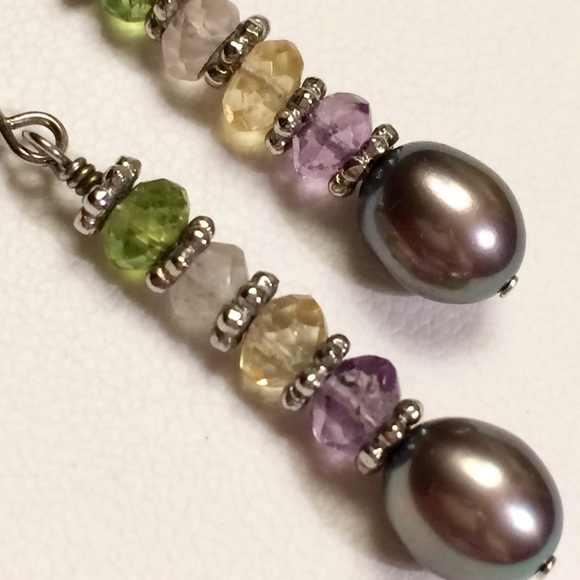 Gray Pearl, Crystal, & Sterling Dangle Earrings - Picture 3 of 7